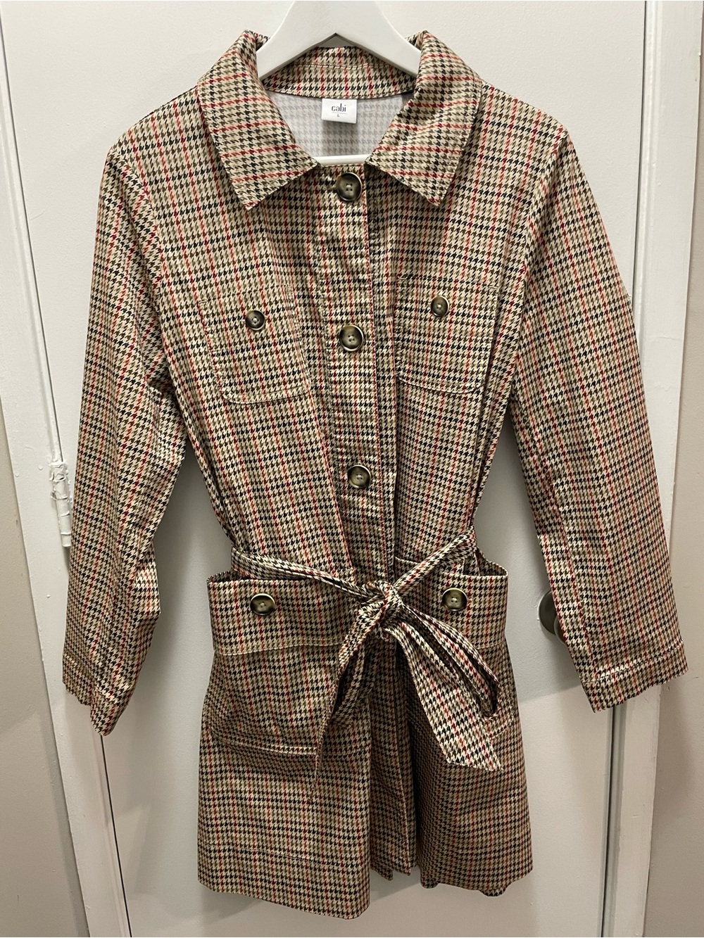 CAbi Sherlock Houndstooth Belted Trench Coat L